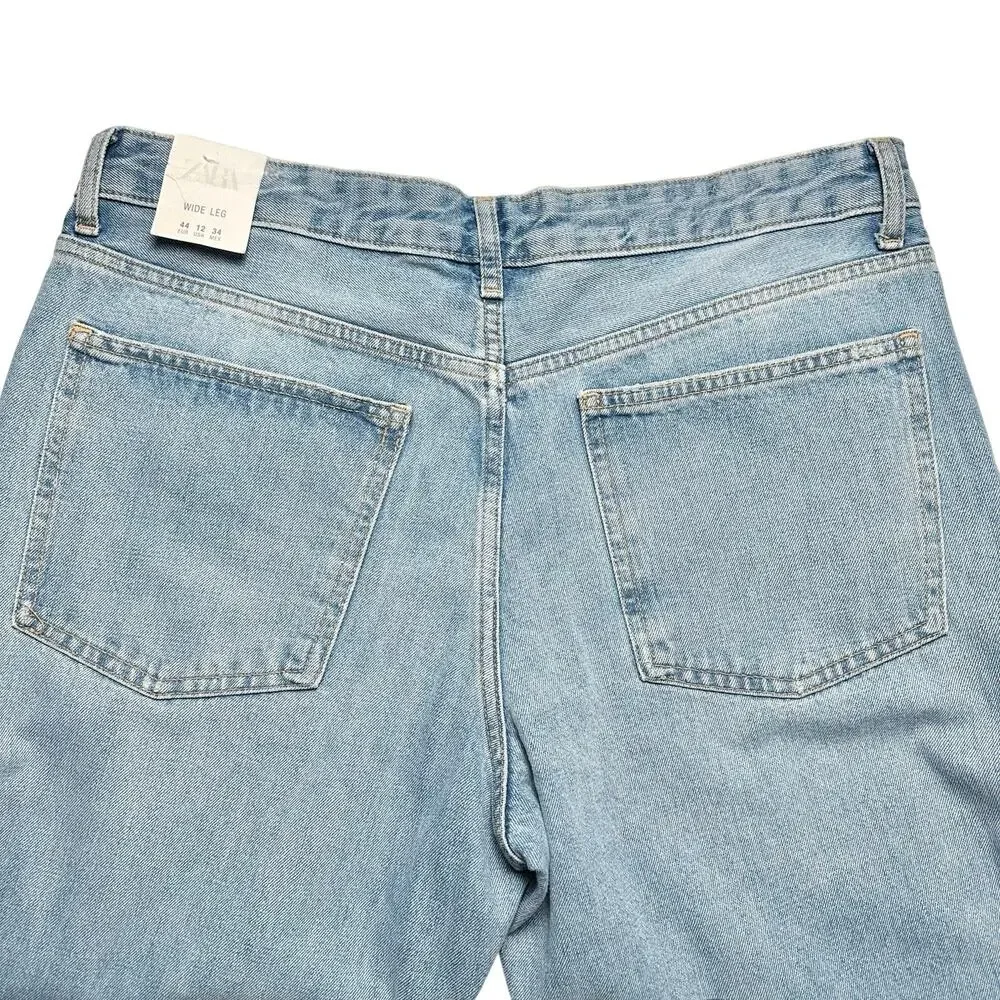 Zara | Women | Wide Leg Mid Rise Full Length Distressed Denim Jeans | Sz 12